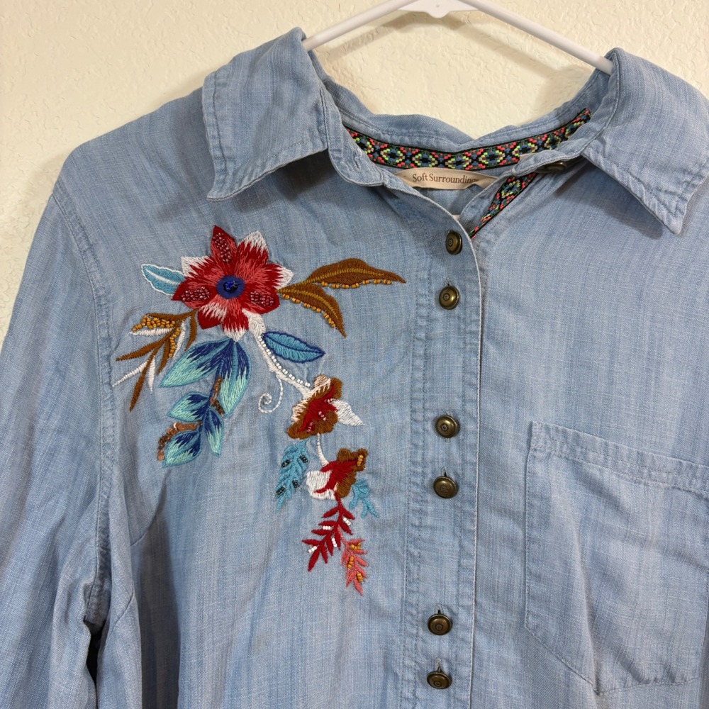 Soft Surroundings Tunic Women Large Blue Embroidered Tencel Chambray Boho Artsy